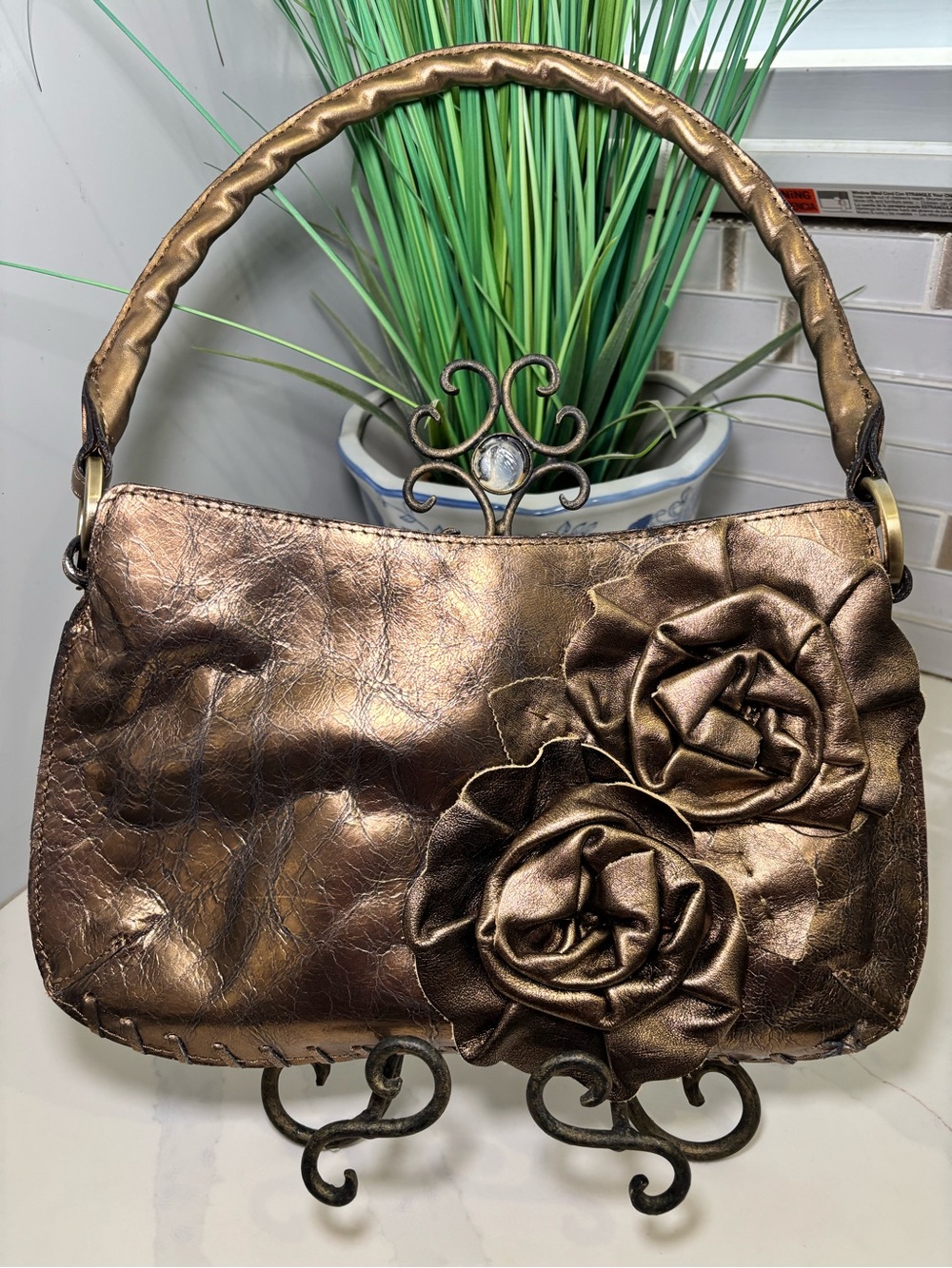 NWT Patricia Nash Hartford Shoulder Bag Bronze Leather Floral Rose with Dustbag